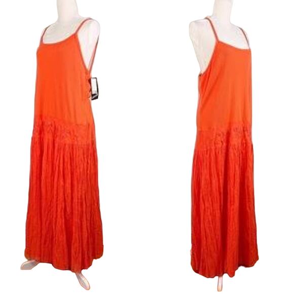 Mlle Gabrielle Dress Orange Maxi 20W Stretch Top Crinkle Finish Beaded New - Picture 2 of 12